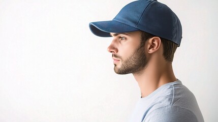 Fashionable Man in Blue Baseball Cap Posing Against Light Background
