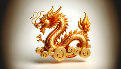 Obraz premium 3D Glossy red background with a golden Chinese dragon and copy space above. concept as A glossy red backdrop featuring a majestic golden Chinese dragon symbolizing power and good fortune with ample sp
