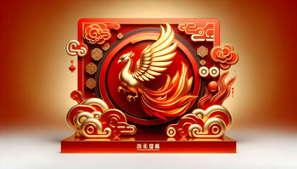 3D Glossy red background with golden Chinese characters for Happy New Year and ample copy space below. concept as A glossy red backdrop featuring elegant golden Chinese characters wishing Happy New Ye