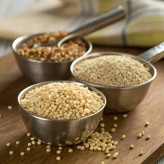 mix of quinoa grain in metal measuring spoons