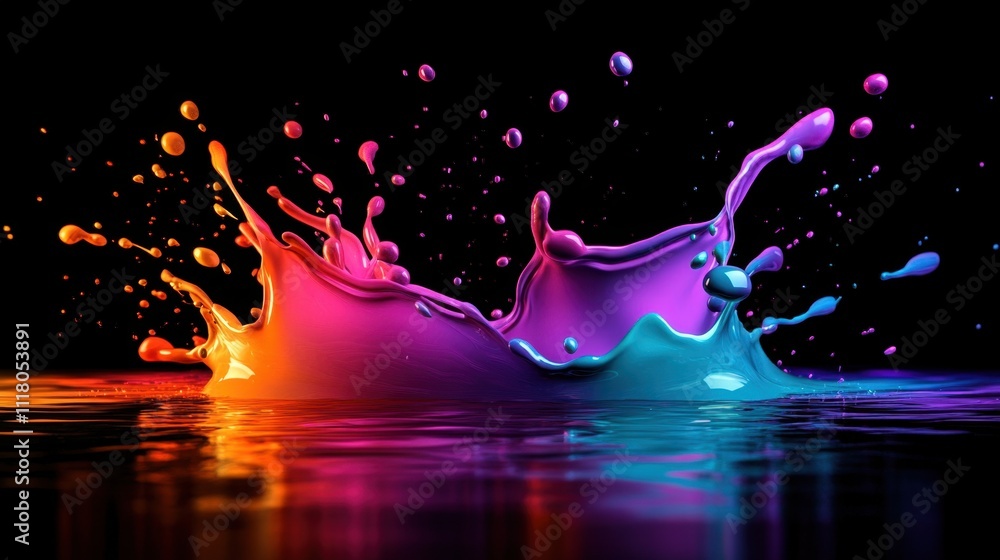 Poster vibrant color explosion splashing on dark surface: a dynamic abstract photography