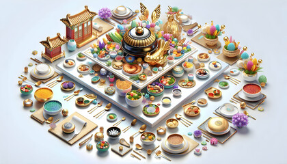 Fototapeta premium 3D Glossy Seollal Festive Table Setting Background concept as A glossy background featuring a beautifully arranged Seollal festive table with traditional Korean dishes colorful decorations and ample c
