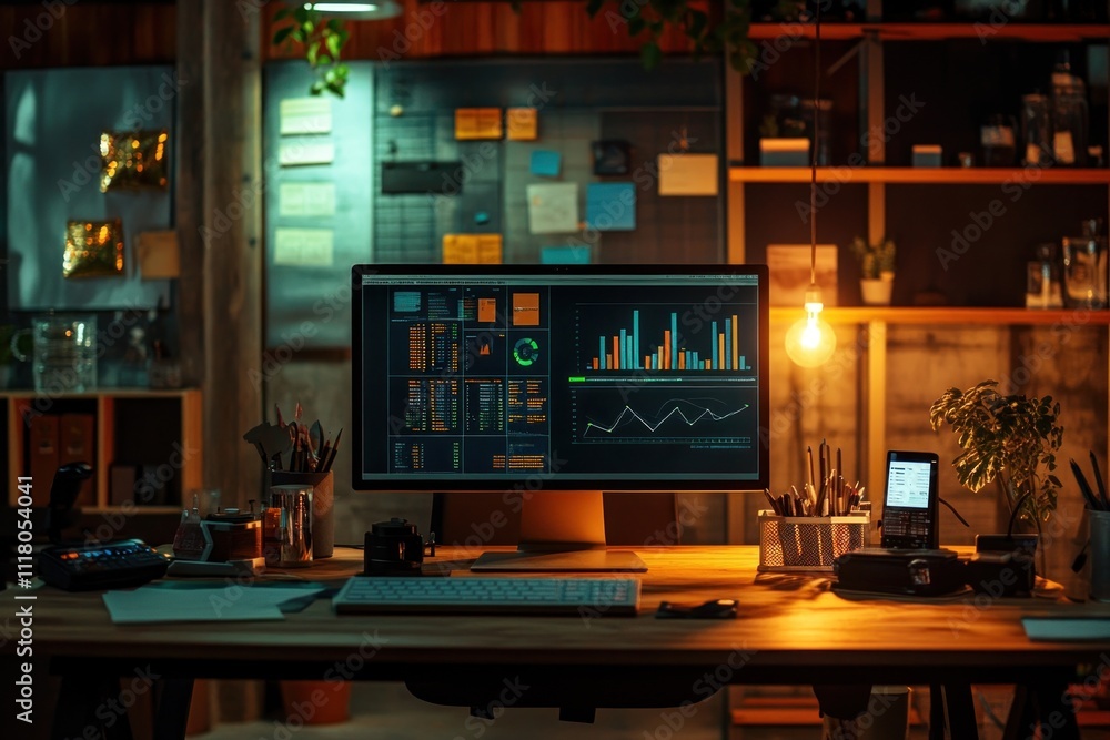 Poster desktop workstation with financial data displayed on a monitor