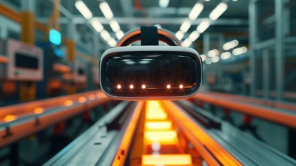 Virtual reality headset is floating above glowing production line, showcasing innovative technology for monitoring and controlling industrial processes in a smart factory