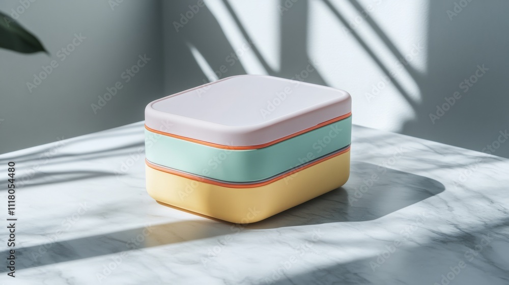 Poster minimalist isolated thermal lunch box with various colorful layers, resting on a marble surface with