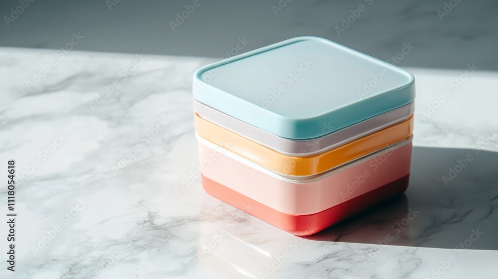 Poster minimalist isolated thermal lunch box with various colorful layers, resting on a marble surface with