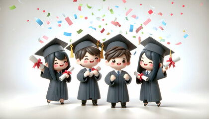 Obraz premium 3D Graduates celebrating with confetti in soft abstract background copy space on left concept as Graduates celebrating with colorful confetti falling around them in a soft abstract background represen