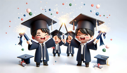 Obraz premium 3D Graduates celebrating with sparklers and confetti at ceremony copy space on side. concept as Joyful graduates celebrating with sparklers and confetti during a ceremony symbolizing achievement and f