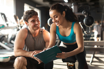 Professional female personal trainer talking with male client, discussing nutrition or training plan on clipboard in modern gym interior