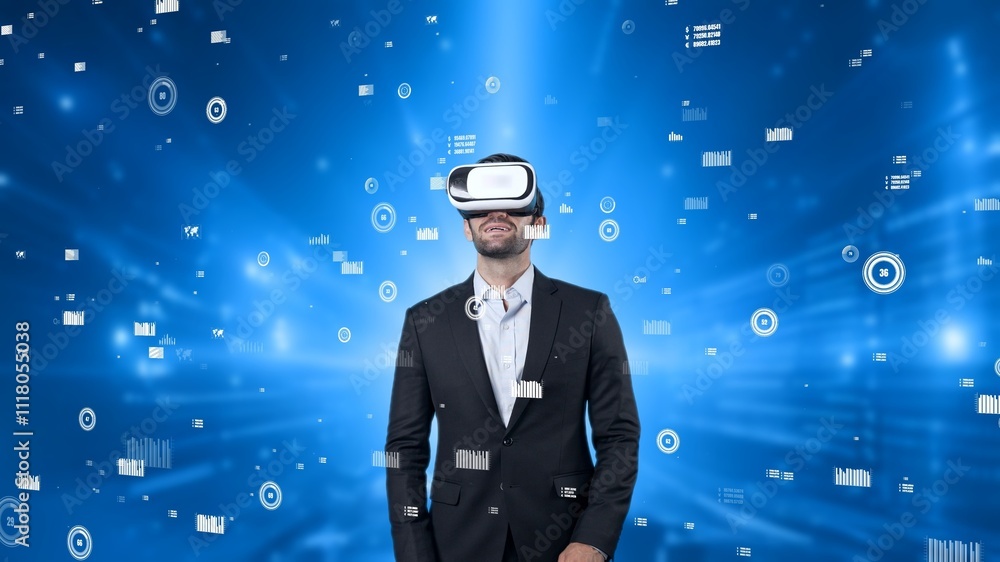 Poster project manager wearing vr headset while analyzing at financial statistic. business man wearing virt