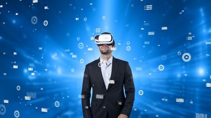 Project manager wearing VR headset while analyzing at financial statistic. Business man wearing virtual reality goggle while checking and looking at statistic chart. Technology innovation. Apparatus.