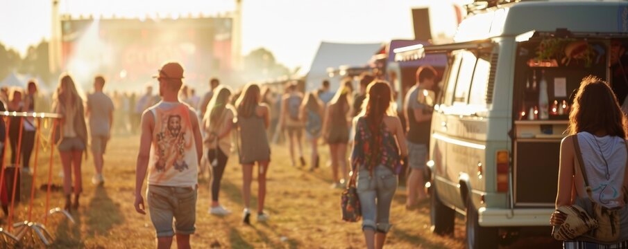 Attendees walk and socialize at an outdoor summer festival lined with food trucks, enjoying the warm weather, food, music, and evening atmosphere