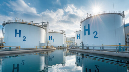 Realistic 3D rendering of hydrogen storage tanks at a production plant under a bright blue sky and shining sun