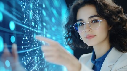 Woman analyzing digital data on futuristic screen
