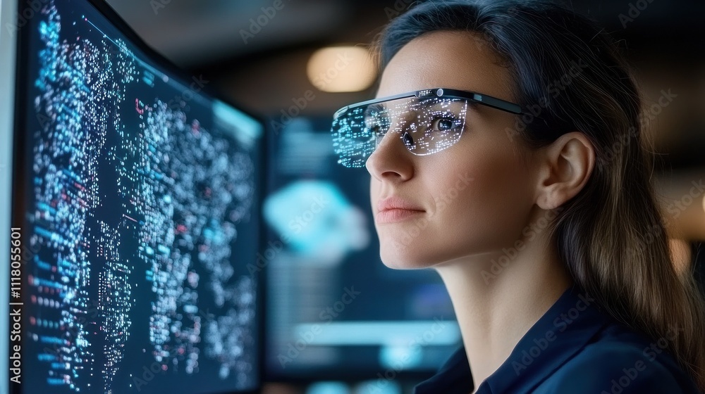 Poster woman analyzing data on high-tech display screen