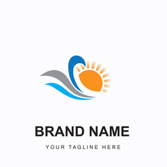 A simple logo with a sun and beach waves theme, suitable for a travel or holiday agency logo