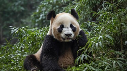 Fototapeta premium A panda sits among bamboo plant