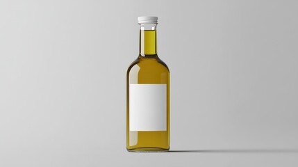 A clear glass bottle of olive oil with a blank white label mockup, positioned on a neutral grey background