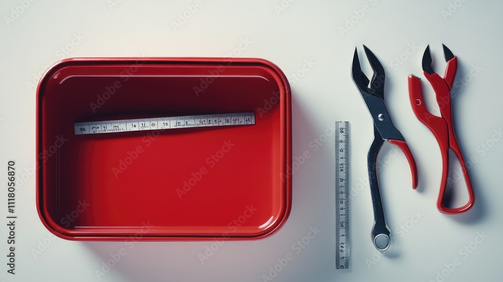 Poster a compact red toolbox with neatly placed tools such as pliers and a measuring tape, on white