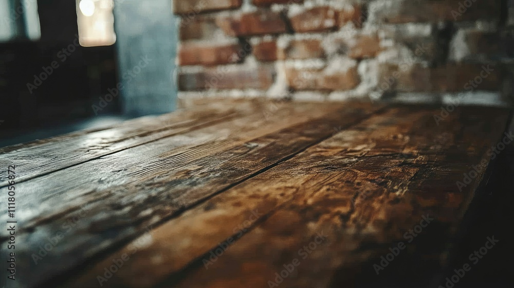Poster a close-up view of an empty rustic wooden table with a textured brick wall blurred in the background