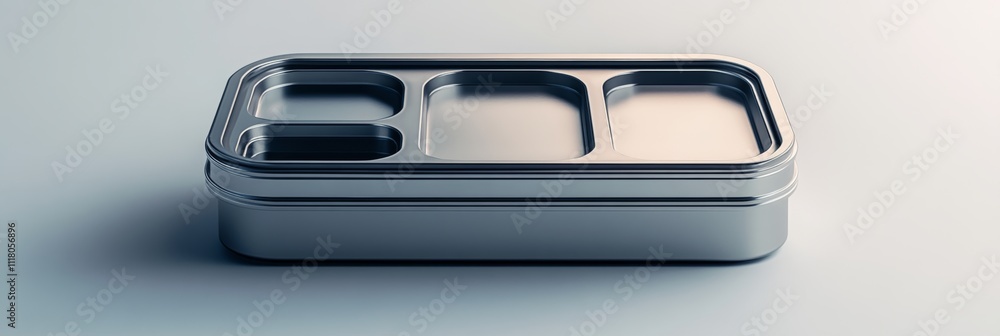 Poster Sleek thermal lunch box with multiple compartments, rendered with depth and shadows on a metallic surface