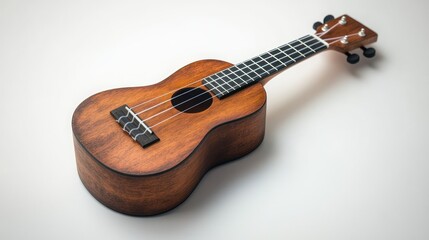 A wooden ukulele resting on a light background, showcasing its craftsmanship and design.