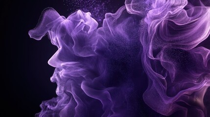 A cascade of smoke tendrils in deep purple and lavender hues, intricately folded and textured, glowing softly against a nearly black background. The particles add an enchanting, cosmic feel.