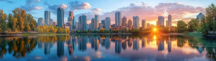 Fototapeta premium A city skyline reflected in a river, showcasing architecture and water