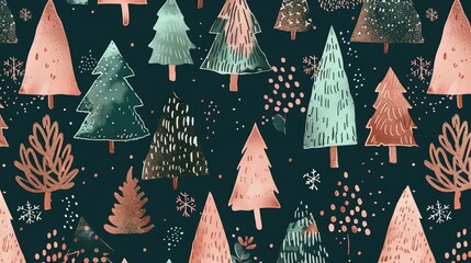 Christmas/Holiday Card with Hand DrawnTrees Pattern. Rose gold and green Christmas tree pattern. Forest background. Children's pattern.
