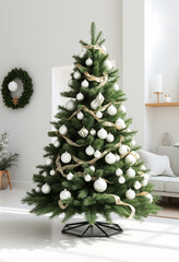 A beautifully decorated Christmas tree featuring gold and white ornaments, set in a modern living room. This clean and elegant design adds a festive touch to the minimalist space.

