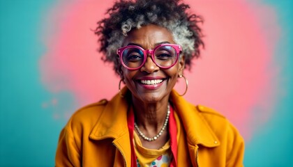 Eccentric older black woman with playful fashion style modern chunky glasses hat accessories fun