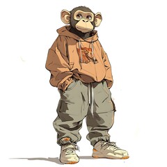 Fototapeta premium Anime Monkey in Vintage Sweatshirt on White Background