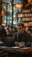 Young man working on laptop in cozy cafe during afternoon