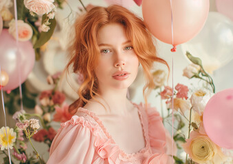 Fototapeta premium A dreamy fashion editorial with a red-haired model in a soft pink gown, surrounded by floating balloons and pastel flowers. Romantic and whimsical aesthetics for fashion lovers.