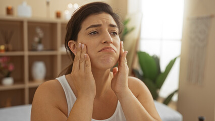 Woman brunette attractive young adult hispanic examining face spa salon beauty center wellness indoor