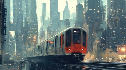 Naklejka premium A commuter train passing by skyscrapers, moving through the urban core