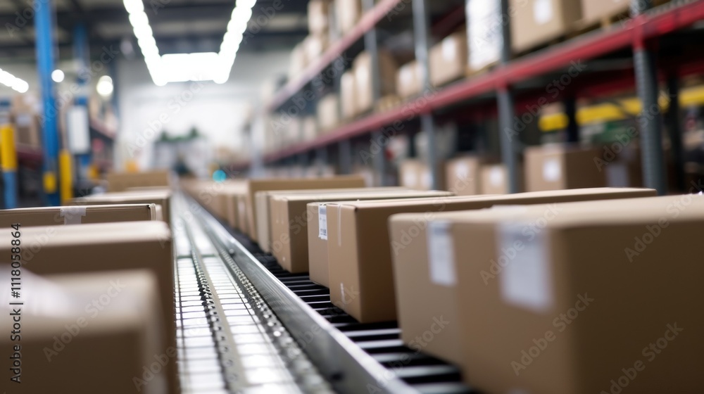 Poster cardboard boxes are moving on an automated conveyor belt through a large distribution warehouse, rep