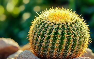 Close-up of a green, spiky cactus with golden tips growing on a bed of gravel with blurred green background.