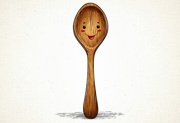 Wooden spoon with a cartoon face drawn on it, giving it a cheerful and friendly appearance.