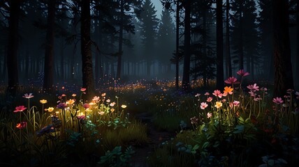 Obraz premium A dark forest at night. Flowers are glowing with lights