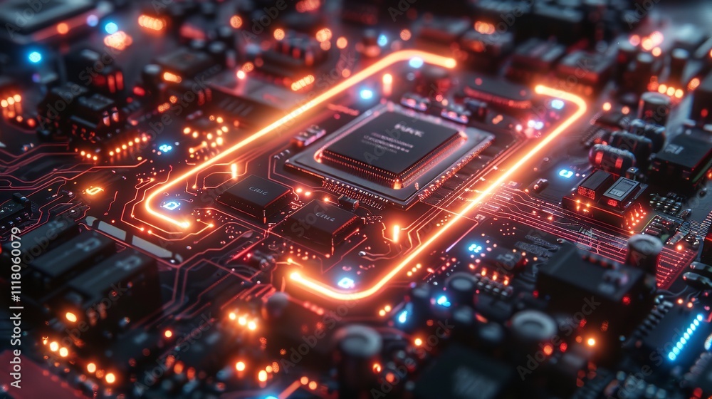 Poster abstract high-tech background, 3d rendering of technological circuits and chips.