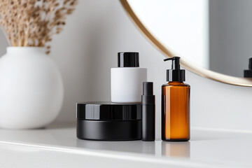 skincare routine, care day skincare products artfully displayed on the bathroom counter, complementing the soft morning light