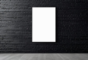 Blank white rectangular poster or canvas mounted on a black brick wall. Relevant for showcasing artwork, advertisements, or other visual content in a minimalist and modern setting.