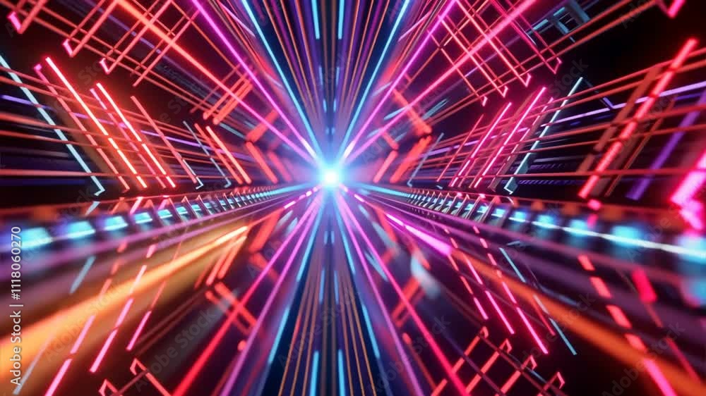 Poster vibrant light burst with neon colors creating a dynamic tunnel effect for abstract backgrounds, futu