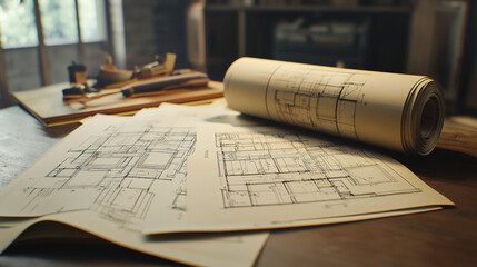 Stół jest pokryty rozwiniętymi rysunkami architektonicznymi, przedstawiającymi szczegółowe plany budowlane.