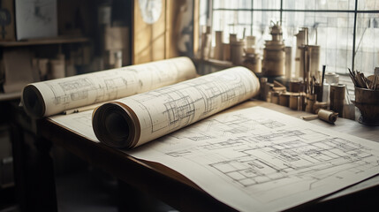 Stół jest pokryty rozwiniętymi rysunkami architektonicznymi, przedstawiającymi szczegółowe plany budowlane.