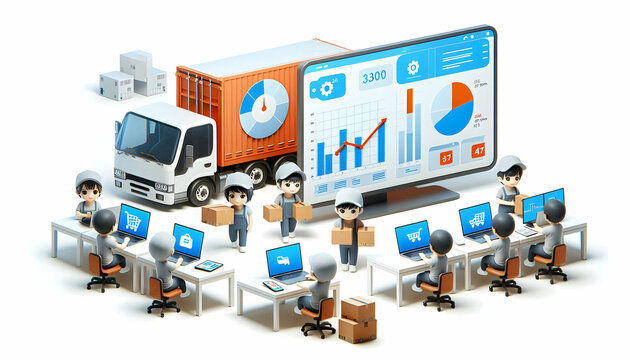 3D Logistics team analyzing delivery performance concept as Logistics team analyzing delivery performance using charts and laptops in modern office symbolizing the marginal cost of logistics with ampl