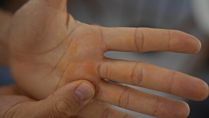 Fototapeta premium Close-up of a young hispanic man's hand with visible calluses isolated over a black background wall emphasizing texture and details