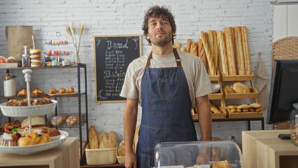 Handsome young man in a bakery setting, wearing a denium apron standing confidently against a background of bread and pastries