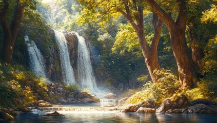 Serene Waterfall in a Sunlit Forest
